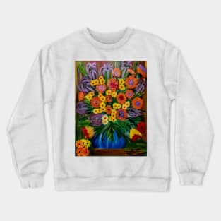 Some abstract vibrant colorful flowers in a glass vase with gold base accent Crewneck Sweatshirt